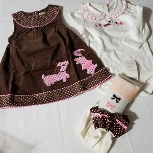 Gymboree Polka Dot Puppy NWT 6-12 month dress, diaper cover, tights & bodysuit.